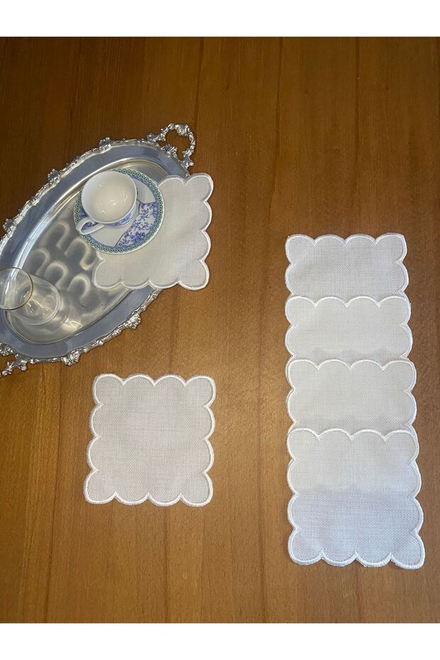 6 Adet Linen Keten Ekru Renk Dalgalı Bulut Desenli Kokteyl Sunum Peçetesi - 2