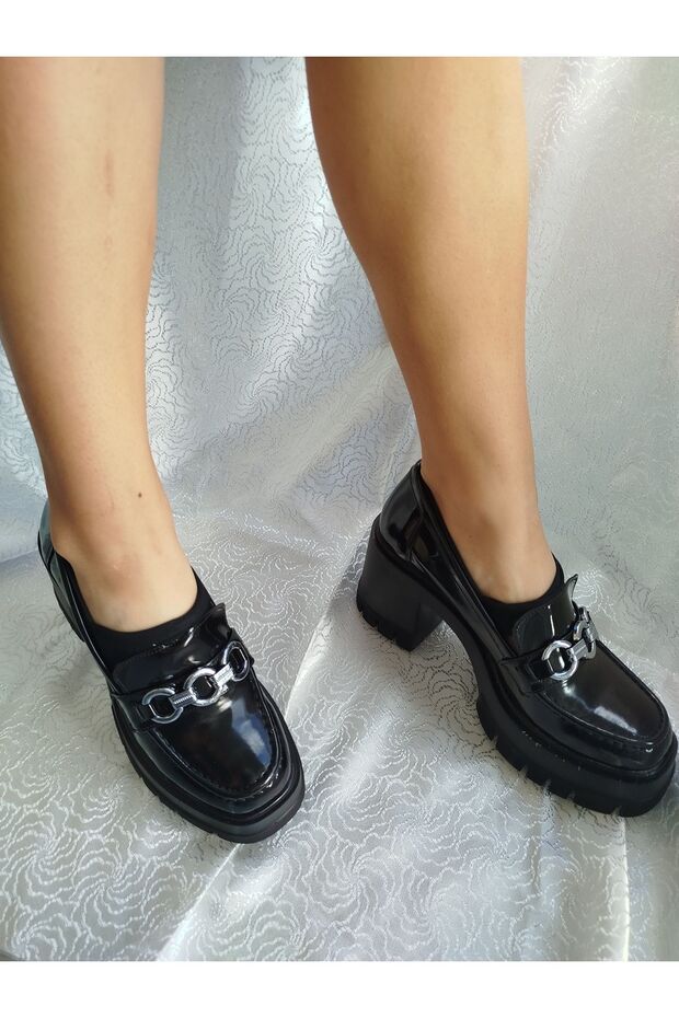 Women's High Heel Thick Sole Loafer Moccasin Shoes Black Patent Leather