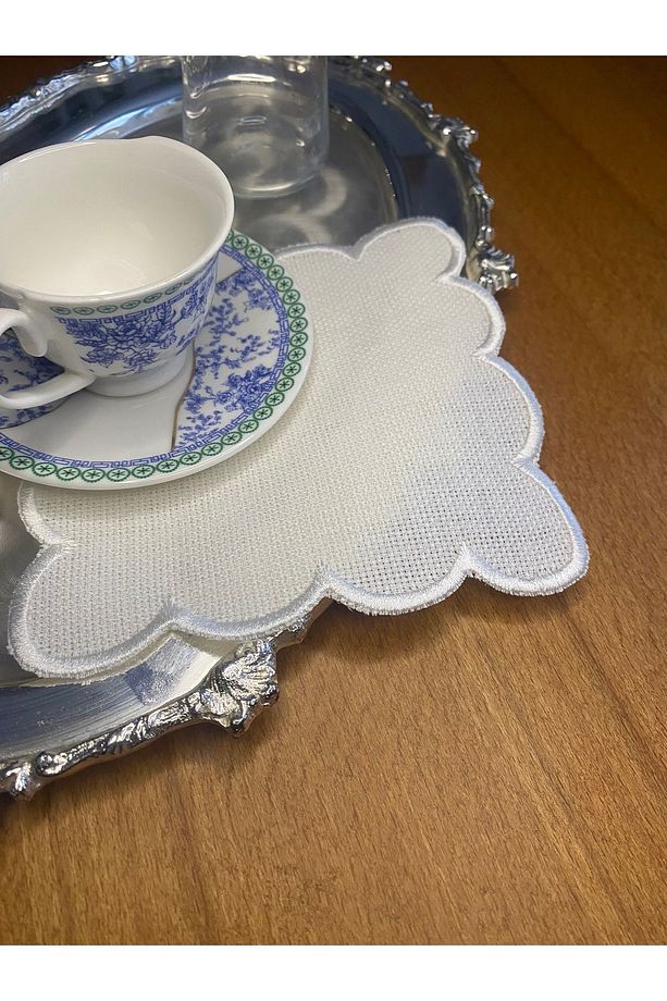 6 Adet Linen Keten Ekru Renk Dalgalı Bulut Desenli Kokteyl Sunum Peçetesi - 3