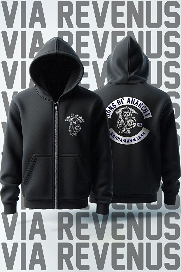 Sons of Anarchy - Your City Front & Back Printed Unisex Biker Zippered Hooded Sweatshirt Cardigan