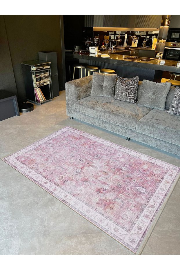 Lina Collection Antique Look Pink Patterned Woven Base Modern Decorative Carpet Lina06