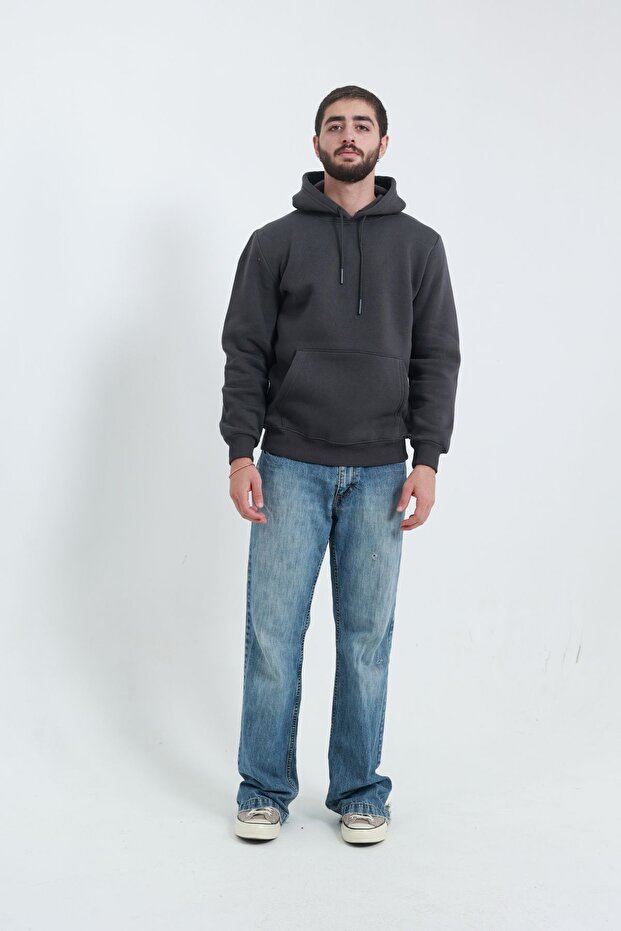 3 İp Erkek Kapüşonlu Kanguru Cepli Sweat Yumuşak Puf Kumaş - 3