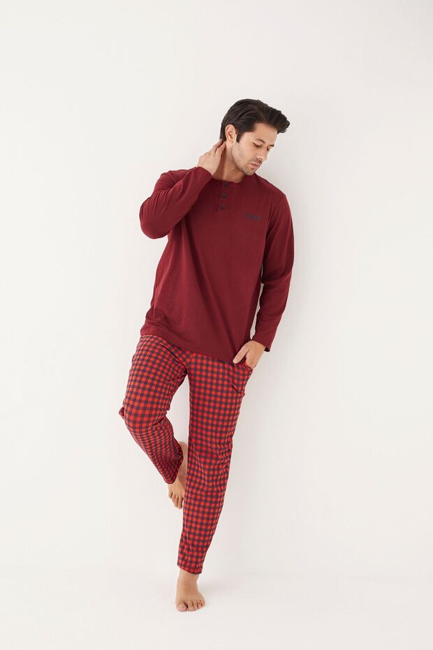 Kırmızı Ekose Kare Desenli Uzun Kollu Erkek Pijama Takımı - 2