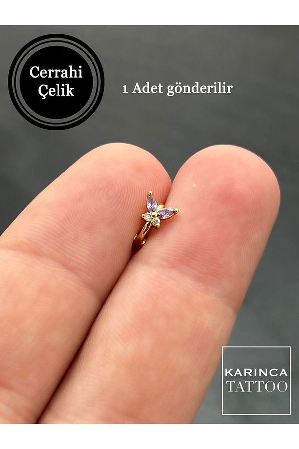 Kelebek Halka Mor Taşlı Piercing Rook Daith Forward Helix Snug Küçük Tragus Piercing Küpe - 5
