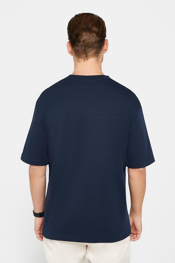 Unisex Oversize Geniş Kesim %100 Pamuk Yumuşak Dokulu Basic Bisiklet Yaka Lacivert Tişört - 5