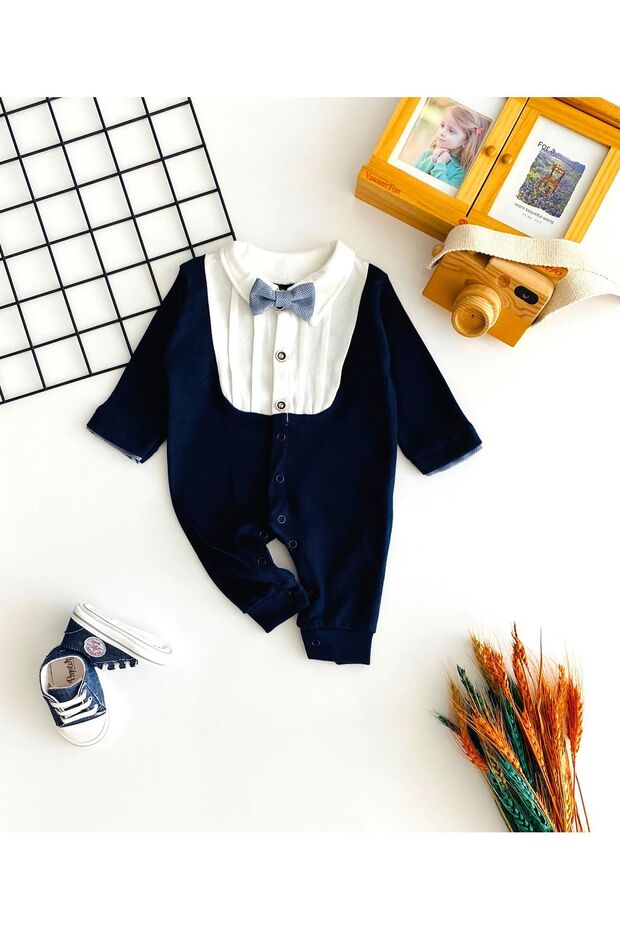 Cheerful Babies Bow Tie Tuxedo Jumpsuit Navy Blue