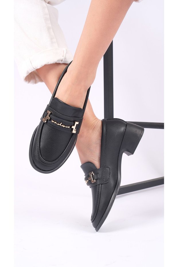 Black Leather Loafer Women's Shoes with Gold Buckle (Stylish and Comfortable) - Heeled Design