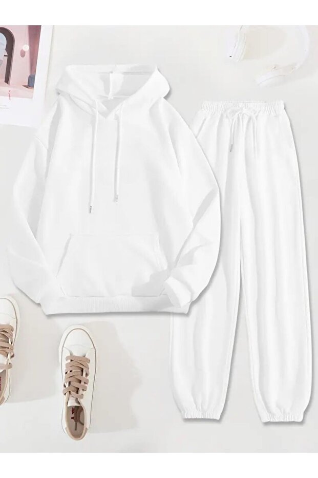 Unisex Hooded Tracksuit Set - Winter Thick Cotton, Kangaroo Pocket and White