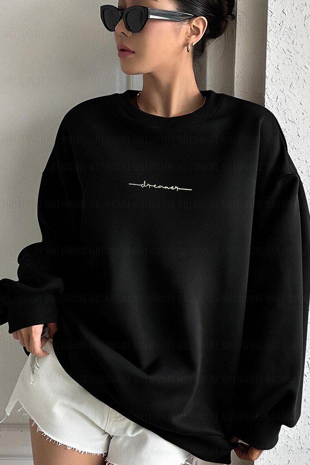 Women's Black Dreamer Printed 0 Crew Neck Oversize Loose Loose Fit Fleece Sweatshirt
