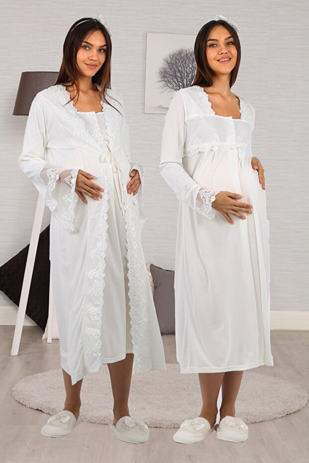 70150 Ecru Princess Dressing Gown Maternity Nightgown Set