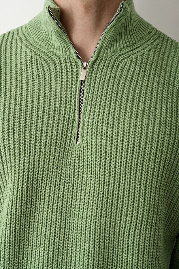 Fermuarlı Yeşil Dik Yaka Basic Oversize Kazak - 2