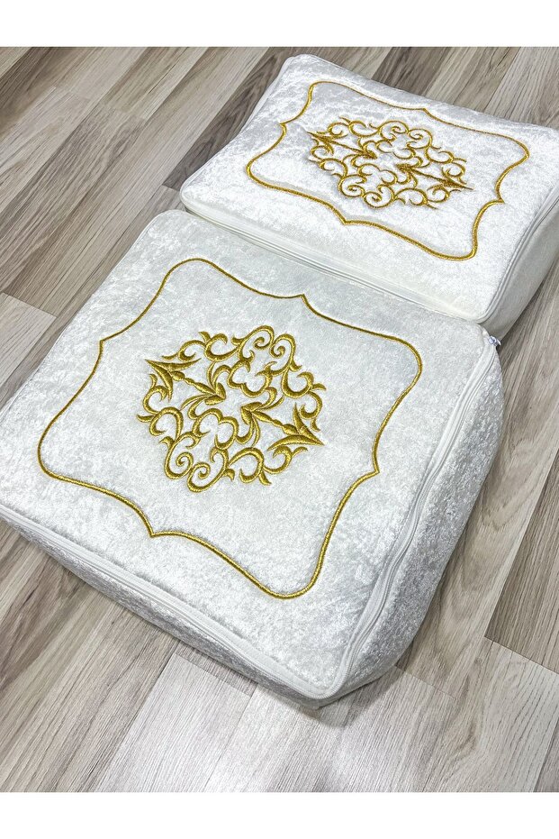 Gold Embroidered Velvet Dowry Holder - 2-Piece Cream Bundle Engagement Bride Groom Bag