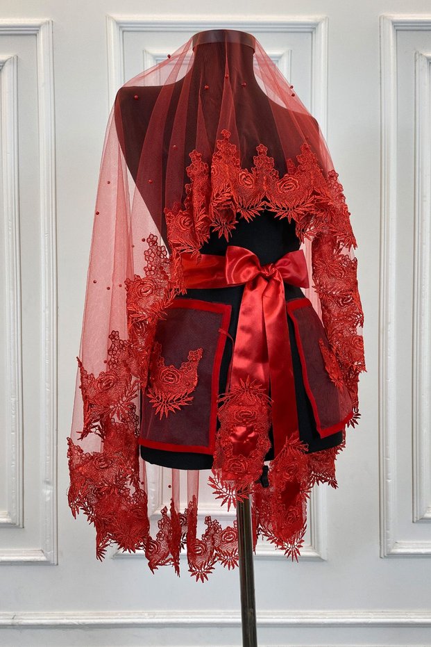 Red Bridal Veil Set with Lacing and Pearl Decoration Henna Night Veil Alı Cover 6 Pieces