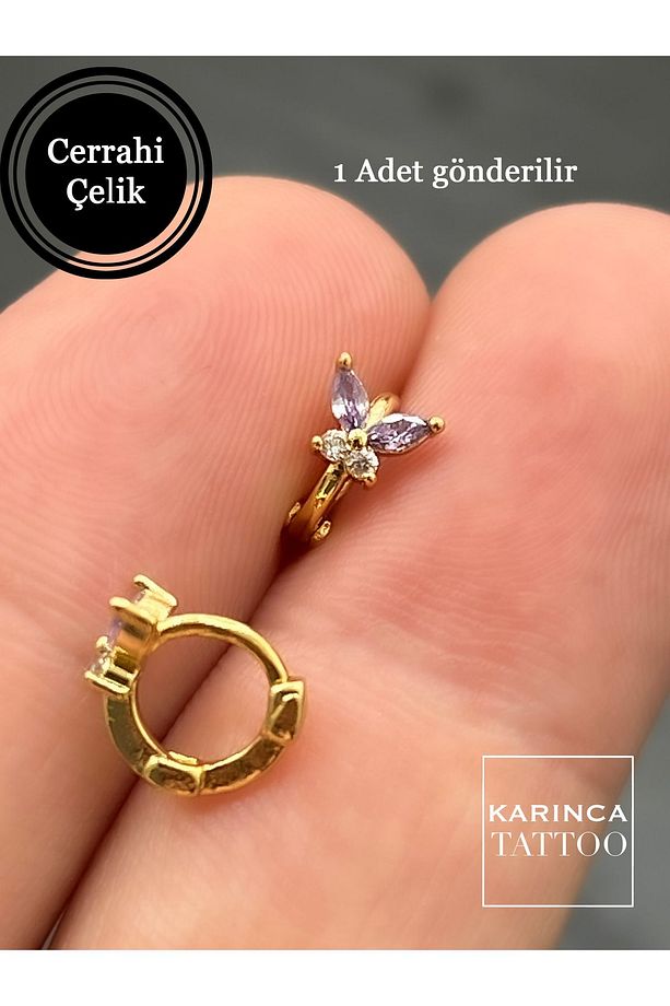 Kelebek Halka Mor Taşlı Piercing Rook Daith Forward Helix Snug Küçük Tragus Piercing Küpe - 1