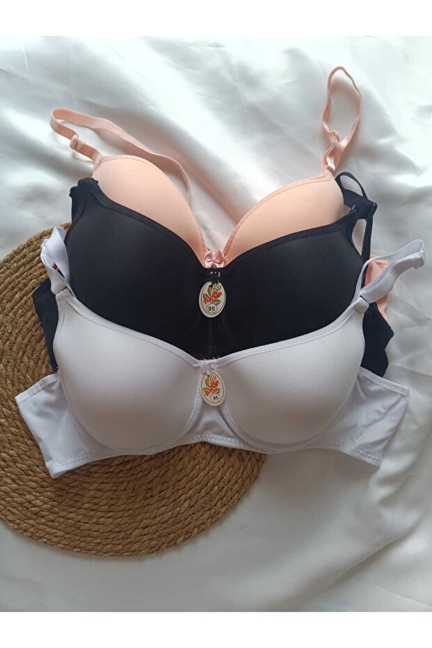 3-Piece Women's Unfilled Underwire Wire Black and White Skin Flat Bra