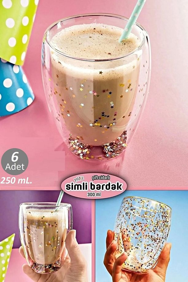 6'lı Çift Cidarlı Bardak Yıldız Simli Kahve Sunum Kokteyl Bardağı Isıya Dayanıklı - 1