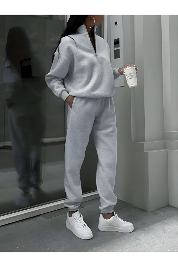 Basic Plain Zippered Tracksuit Set Sweatshirt Jogger - Oversized Raised Collar