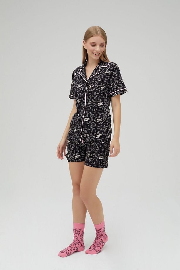 Lisanslı Düğmeli Siyah Kısa Kollu Şortlu 100% Pamuklu Pijama Takım Roz-250 - 5