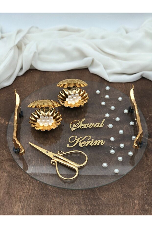 Söz Nişan Kına Tepsisi Dekoratif Dikdörtgen Tepsi, 2 Adet Yüzük Yükseltici Ve Makas - 1