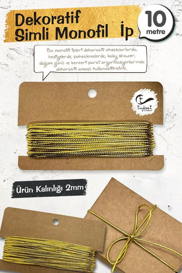 Dekoratif Simli Monofil İp 10 Metre (ALTIN-GOLD)Metalik Paket İpi,Süsleme ve Bağlama İpi -T1053 - 2
