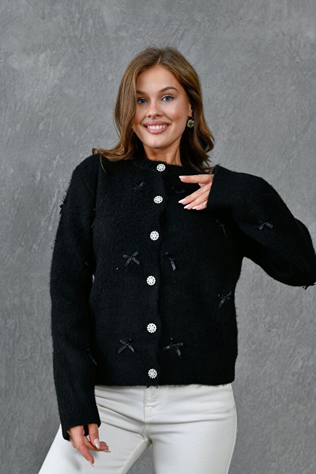 Black Acrylic Fabric Stylish Button Design Bow Ecru Knitwear Cardigan 1041