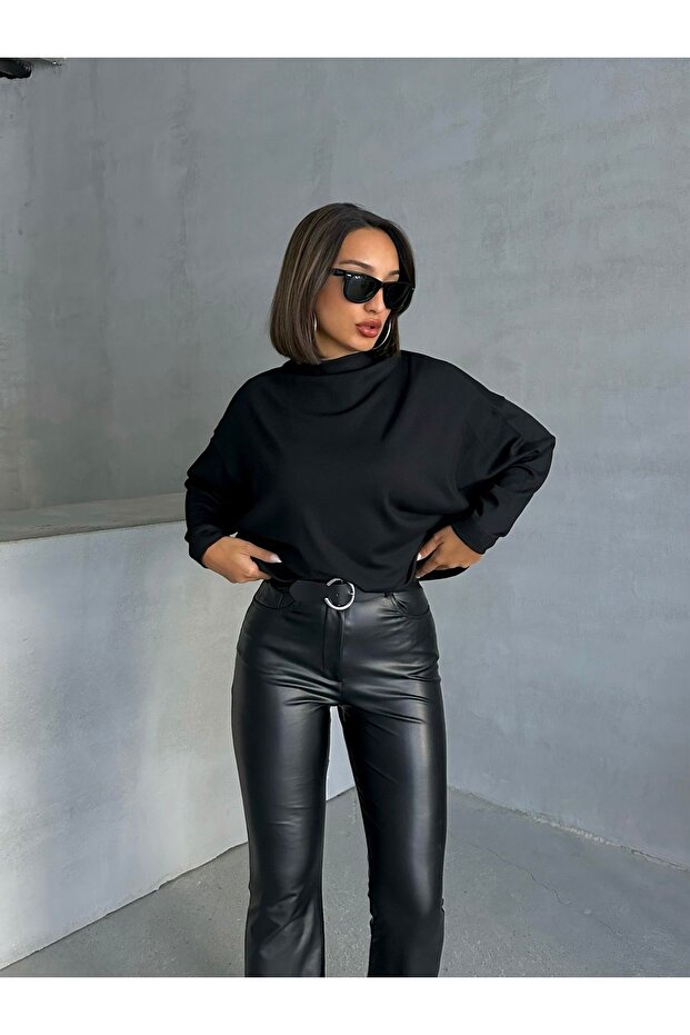 Dámská černá halenka s límečkem a netopýřím rukávem z interlockové tkaniny - 8