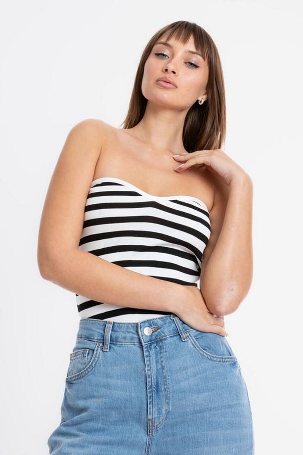 Şeritli Straplez Örme Crop Top - 3