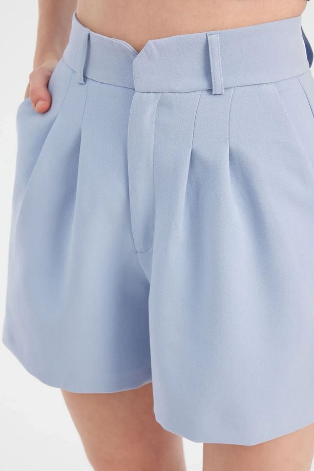 Pileli Yüksek Bel Wide Leg Şort - 5