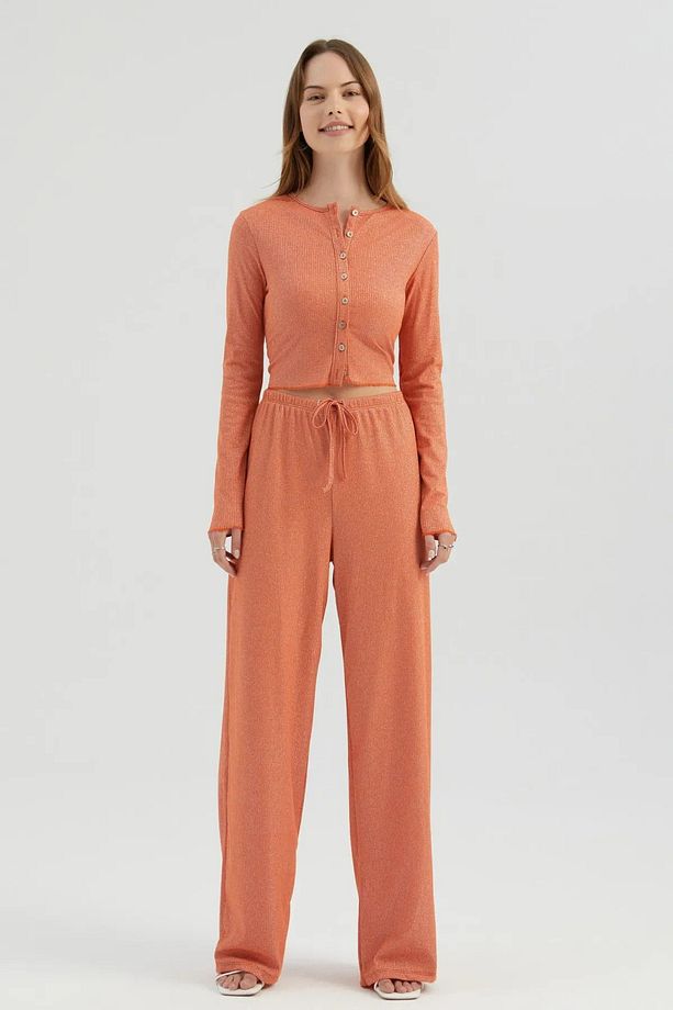 Yüksek Bel Bağcıklı Straight Fit Pijama Altı - 1