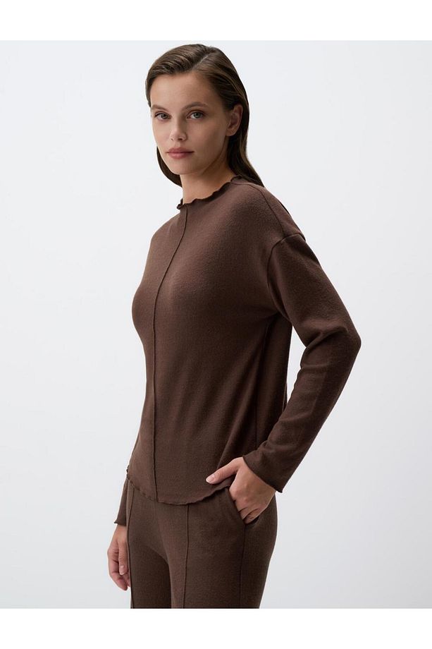 Kahve Melanj Düz Kesim Kayık Yaka Örme Sweatshirt - 3