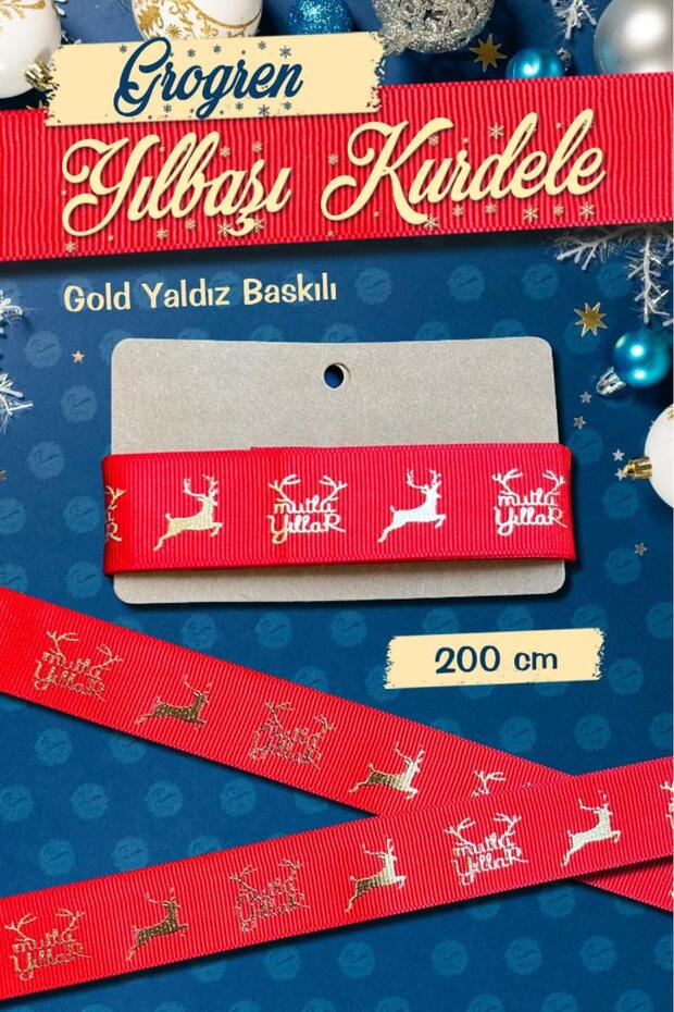 Christmas Ribbon Grosgrain 2 Meters Red-Gold Deer Patterned -T1065