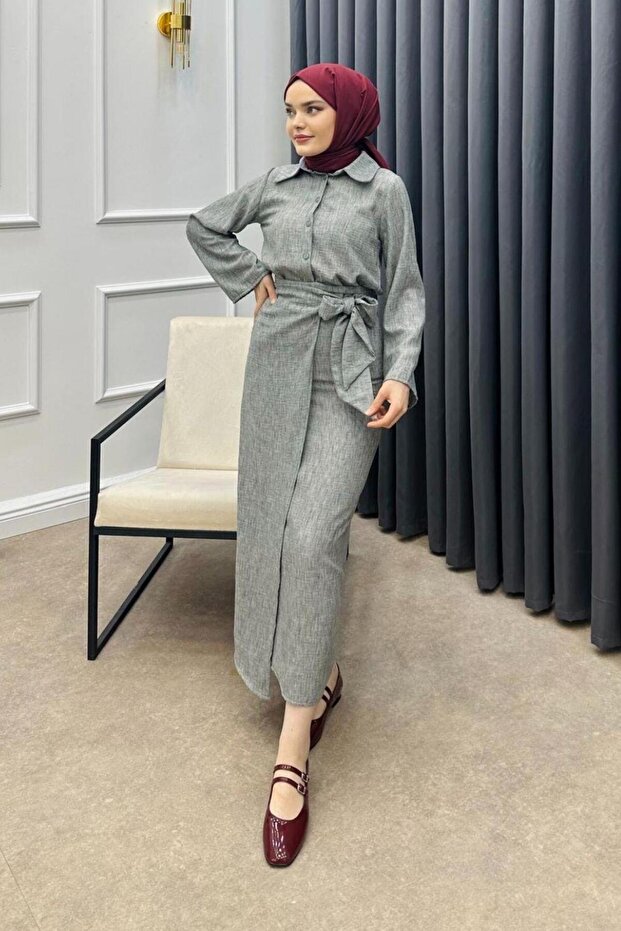 مجموعة تنورة ملفوفة باللون الرمادي - 3