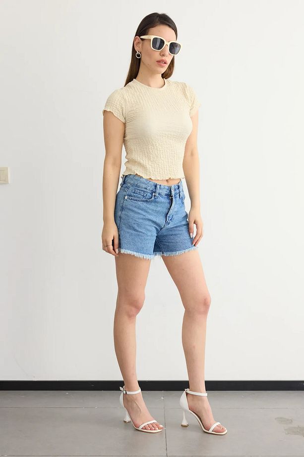 Dokuma Bisiklet Yaka Kısa Kollu Crop Top - 3