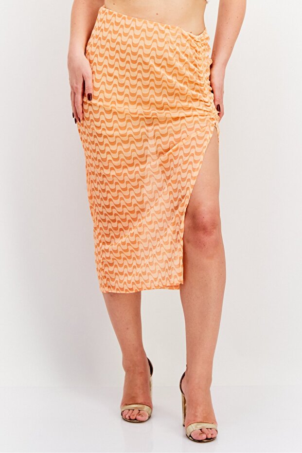 Women Textured Basic Midi Skirt, Orange