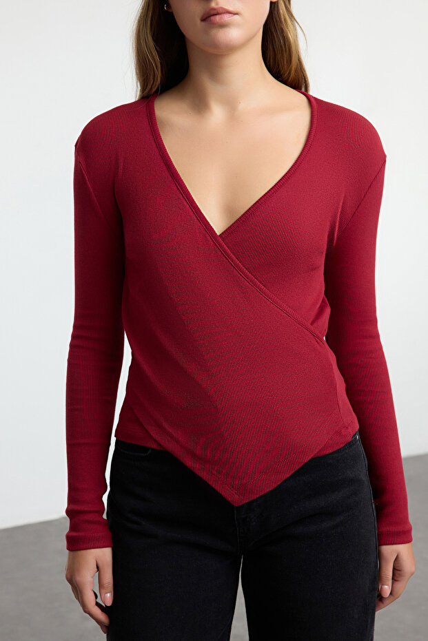 Bordo Fitted/Vücuda Oturan Kruvaze Yaka Uzun Kol Fitilli Esnek Örme Bluz TWOAW21BZ1274 - 3