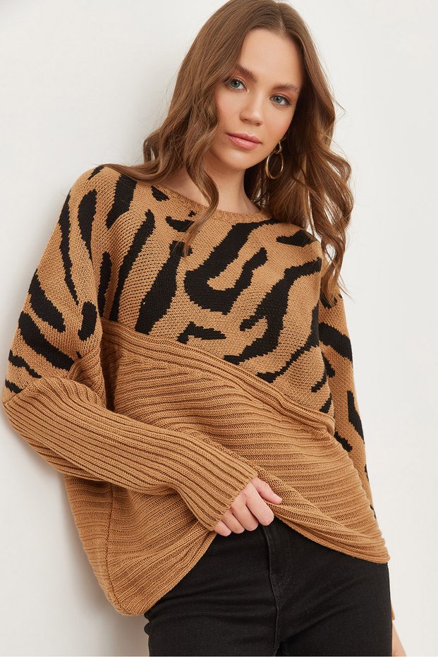 Women's Camel Zebra Detailed Knitwear Sweater Kzk-19000819