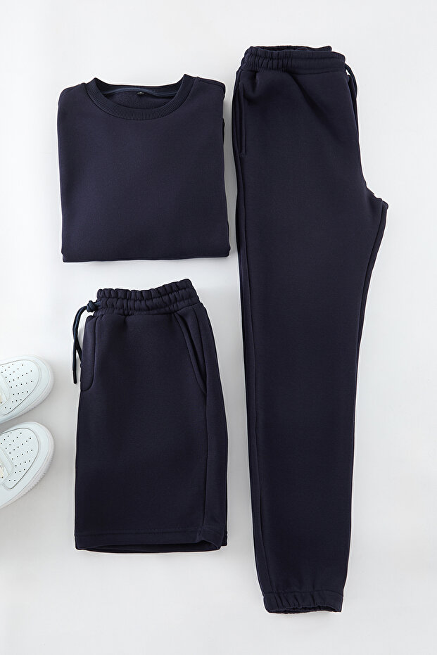 Lacivert Oversize Sweatshirt Regular Eşofman Altı ve Regular Erkek Şort 3'lü Takım TEDAW25EM00003 - 2