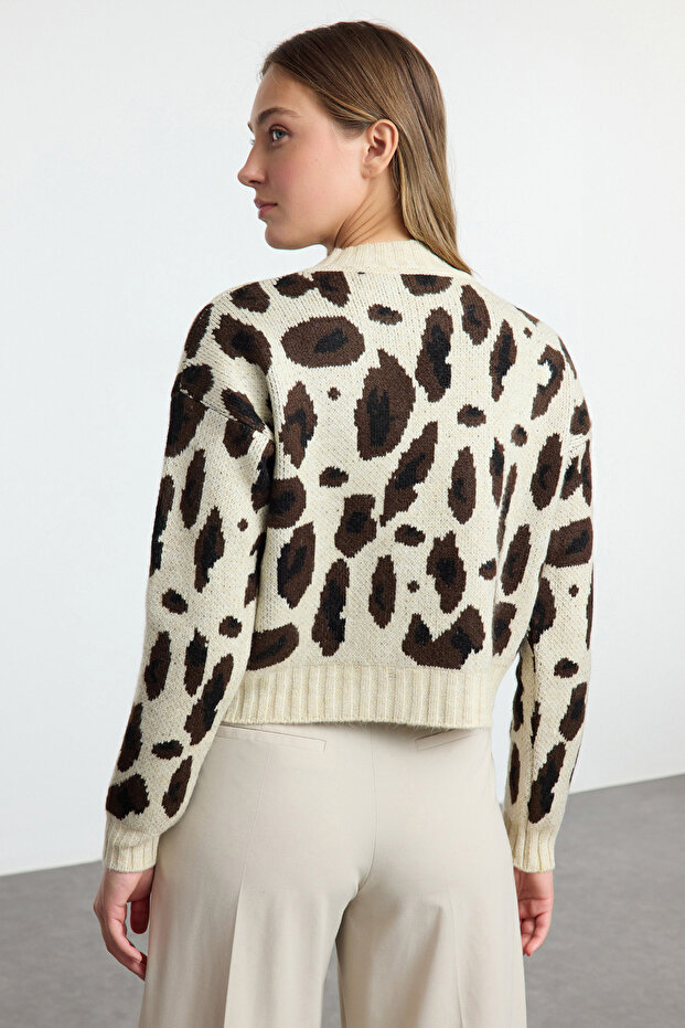 Taş Leopar Desenli Crop Yumuşak Dokulu Triko Hırka TWOAW25HI00355 - 5