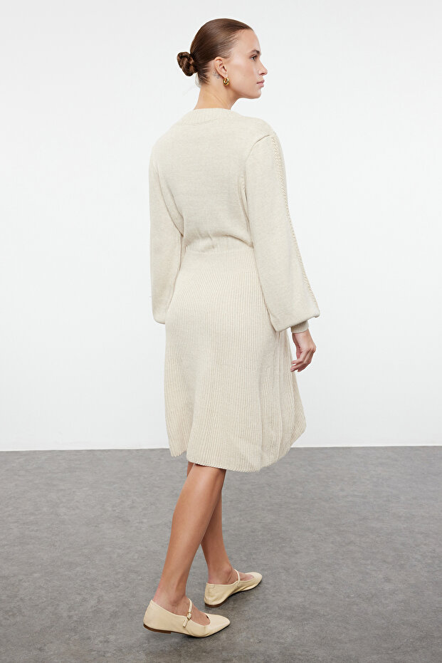Béžové pletené podrobné žebrované šaty pro větší velikost a těhotenské pletené šaty Tbbaw24Ah00018 - 6