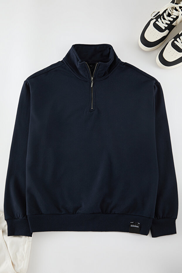 Lacivert Oversize/Geniş Kesim Dik Yaka Fermuarlı Etiketli İçi Polarlı Sweatshirt TMNAW25SW00168 - 6