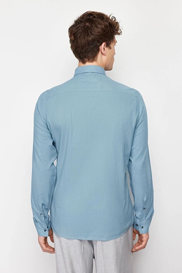Mavi Düğmeli Yaka Apoletli Slim Fit %100 Pamuklu Keten Görünümlü Gömlek TMNSS20GO0189 - 12