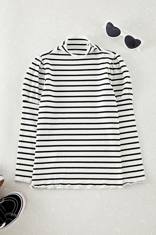 White Girl's Striped Stand Collar Knitted T-Shirt Tkdaw25Ts00003