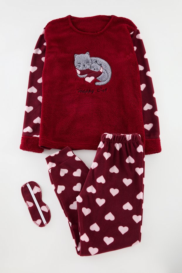Burgundy Heart Cat Embroidered Sleep Mask Fleece Winter Knit Pajama Set THMAW21PT0669