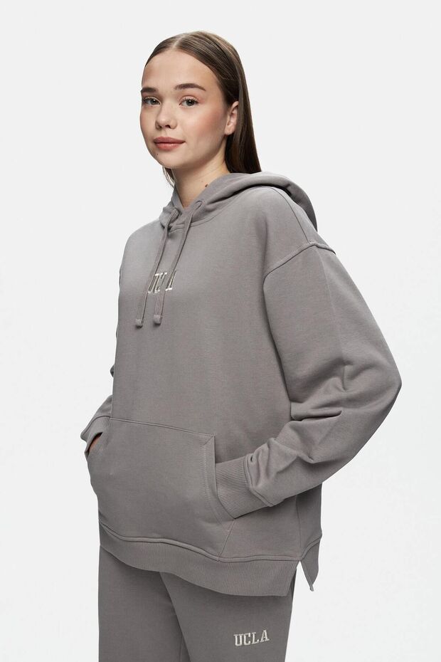 Jess Graphite Hooded Cotton Embroidered Oversize Women's Sweatshirt