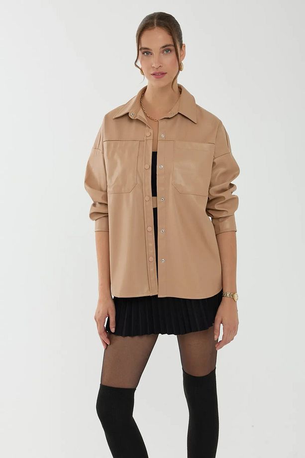 Suni Deri Oversized Gömlek - 4