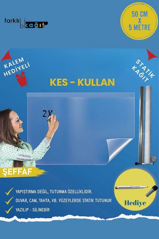 Statik Akıllı Kağıt Tahta Şeffaf 50x500 Cm Kalem Hediyeli - 1