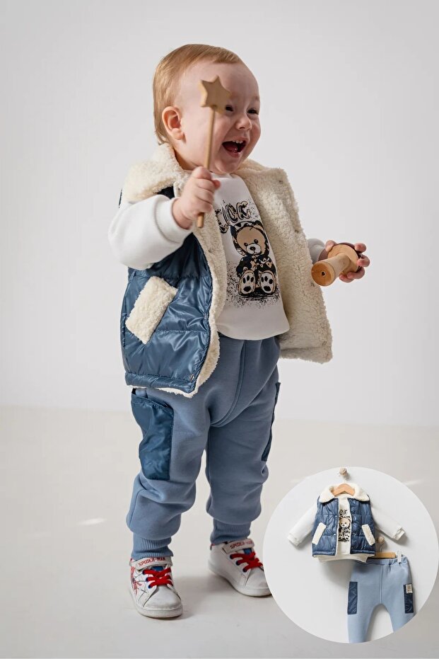 Baby Boy Inflatable Welsoft Vest Fleece Tracksuit Set Bottom Top 3-Piece Holiday Set