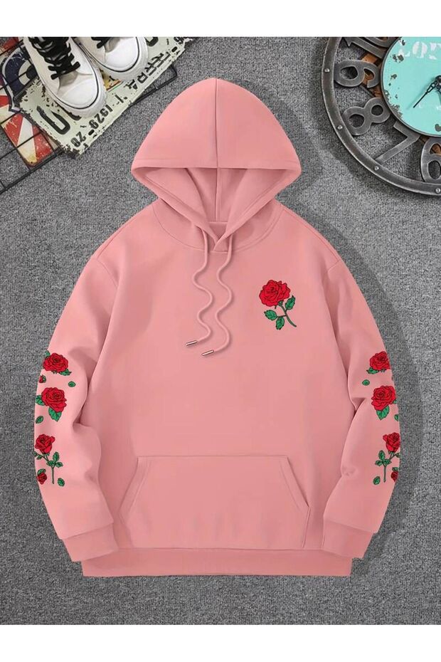 Unisex Roses Printed Oversize Winter 3 Thread 100% Cotton Hooded Sweatshirt Hoodie