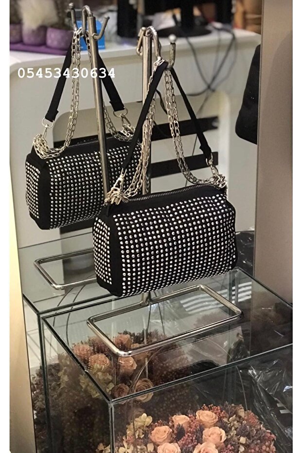 Women's Black Shimmering Stone Shoulder Bag