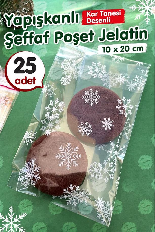 Kar Tanesi Desenli Bantlı Yapışkanlı Şeffaf Poşet Jelatin 10x20 Cm 25 adet -T1060 - 5